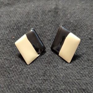 Vintage Silver Tone Black and Cream Enamel Diamond Shape Stud Statement Earrings